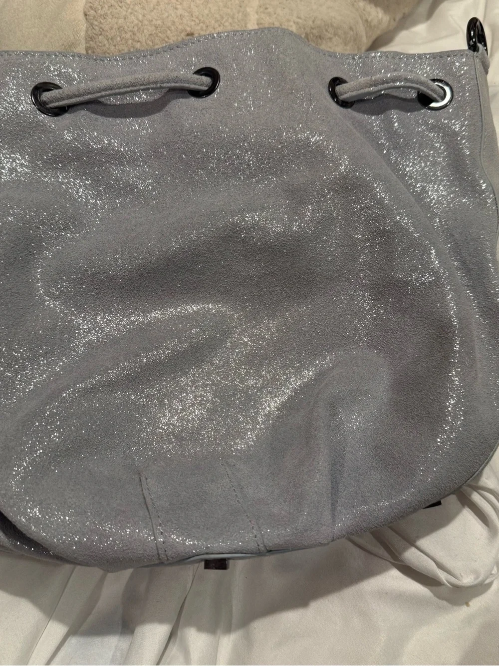 Sharif 1827 Shimmer Silver Suede Drawstring Bucket Bag w shoulder strap